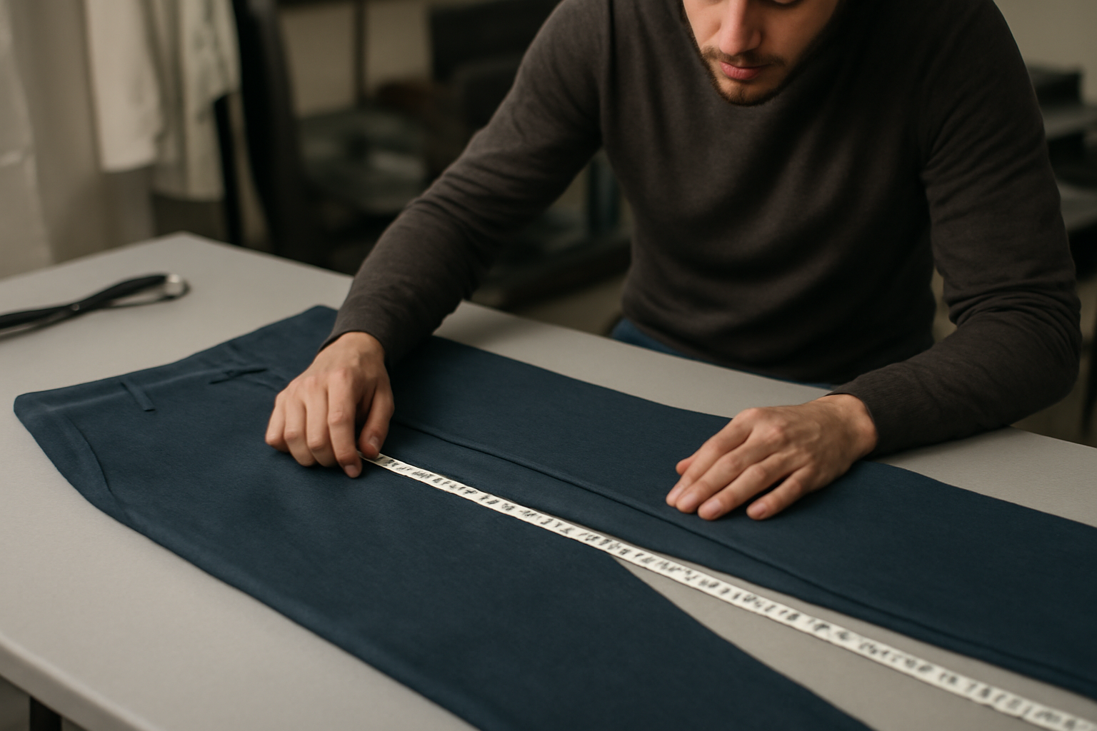 magasindemode-atelier-retouche-express-ville retoucheur mesurant un pantalon sur une table