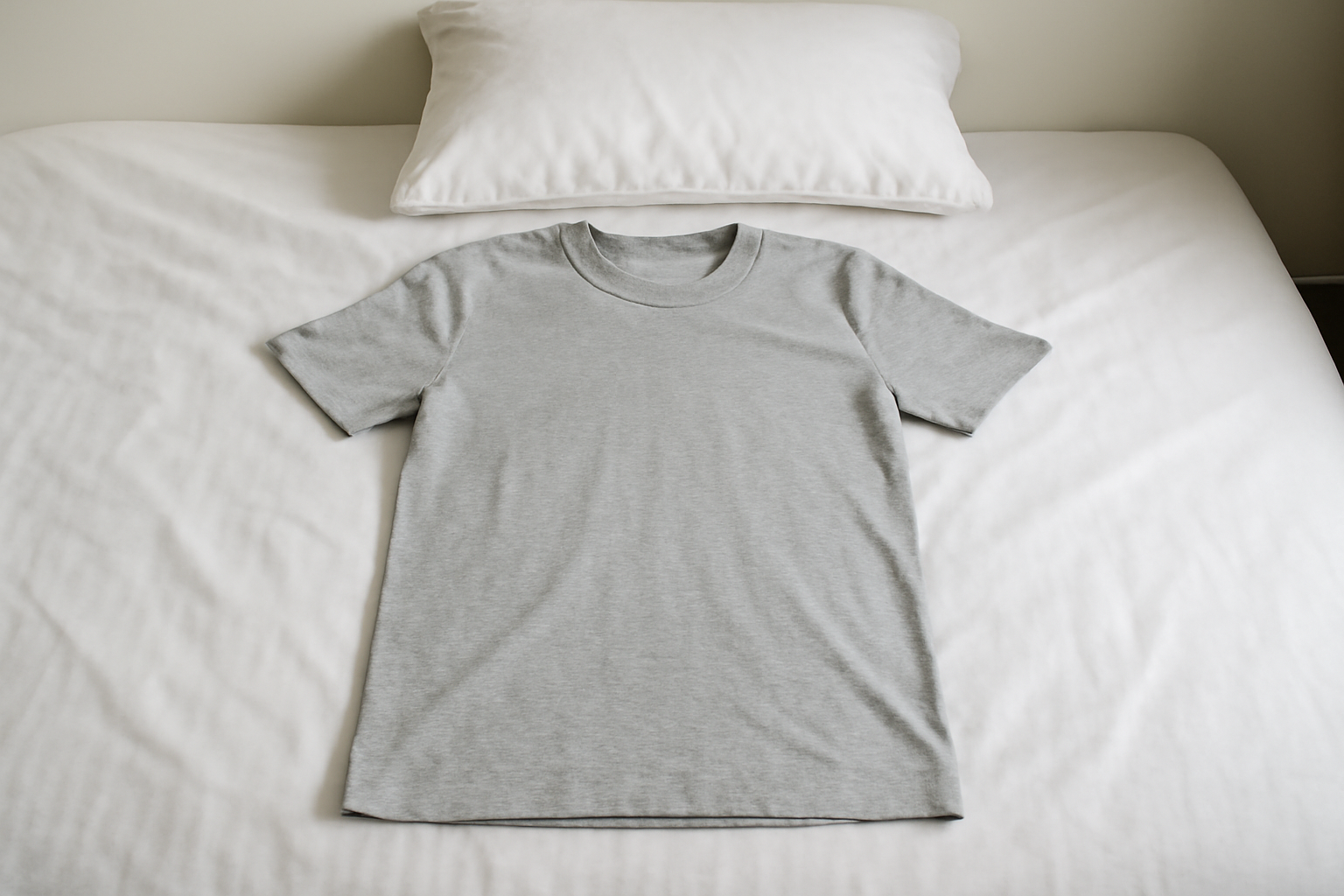 t-shirt neutre posé sur un lit bien rangé