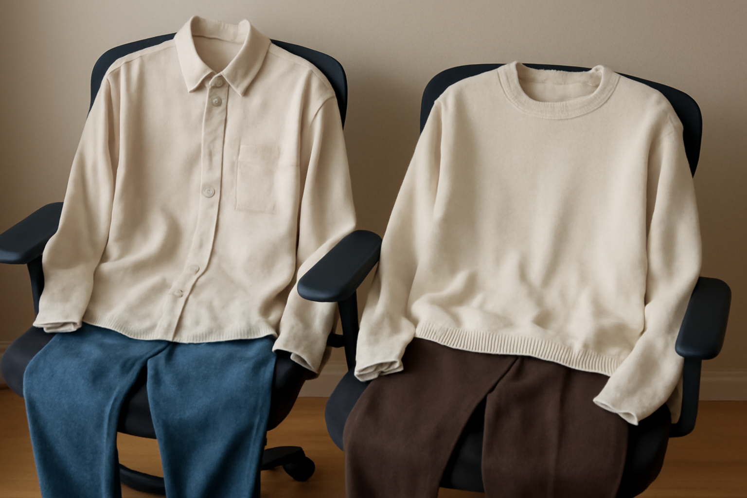deux tenues posées sur chaise de bureau