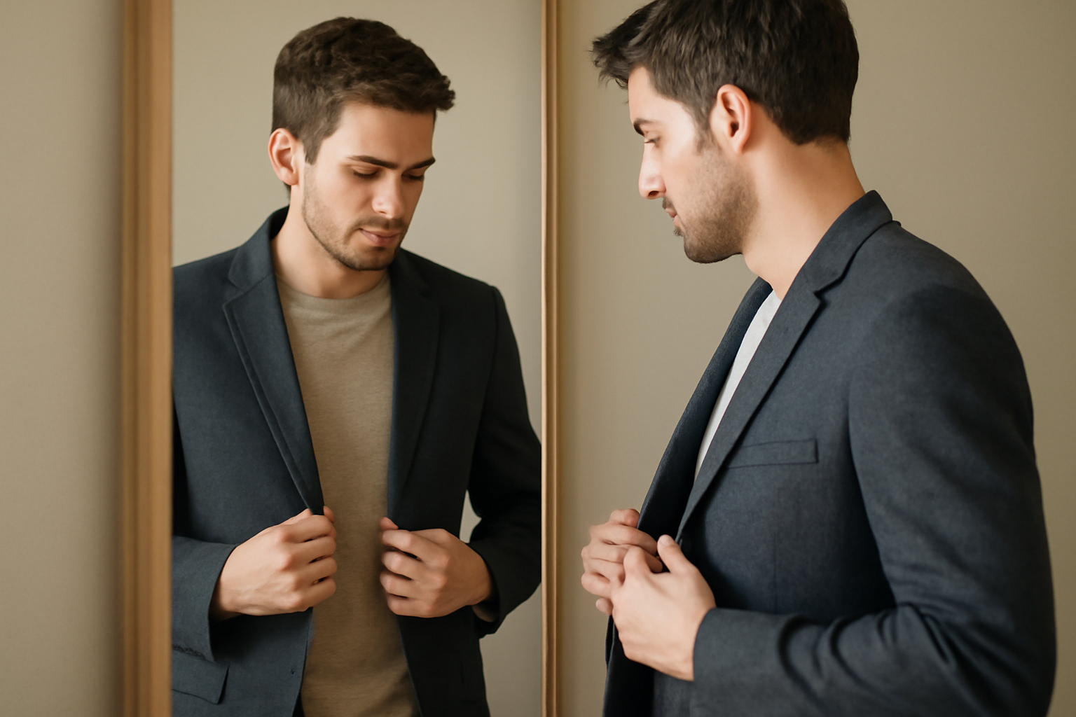 magasindemode-blazer-moderniser-tenue personne ajustant un blazer casual devant un miroir
