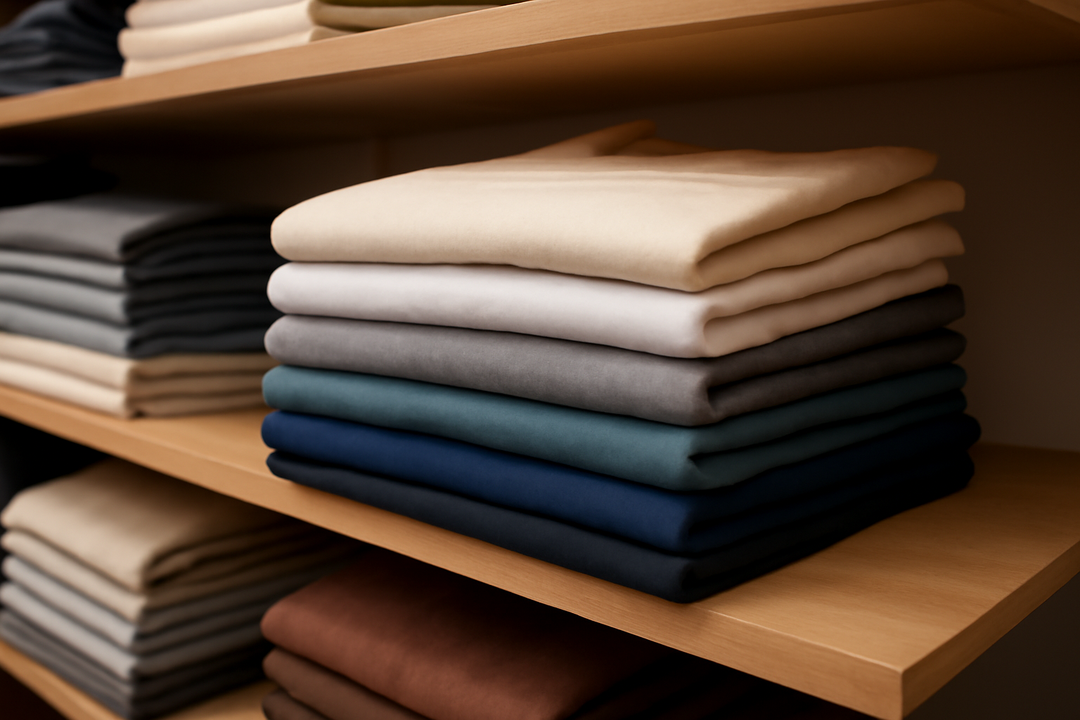 pile de t-shirts simples sur étagère boutique