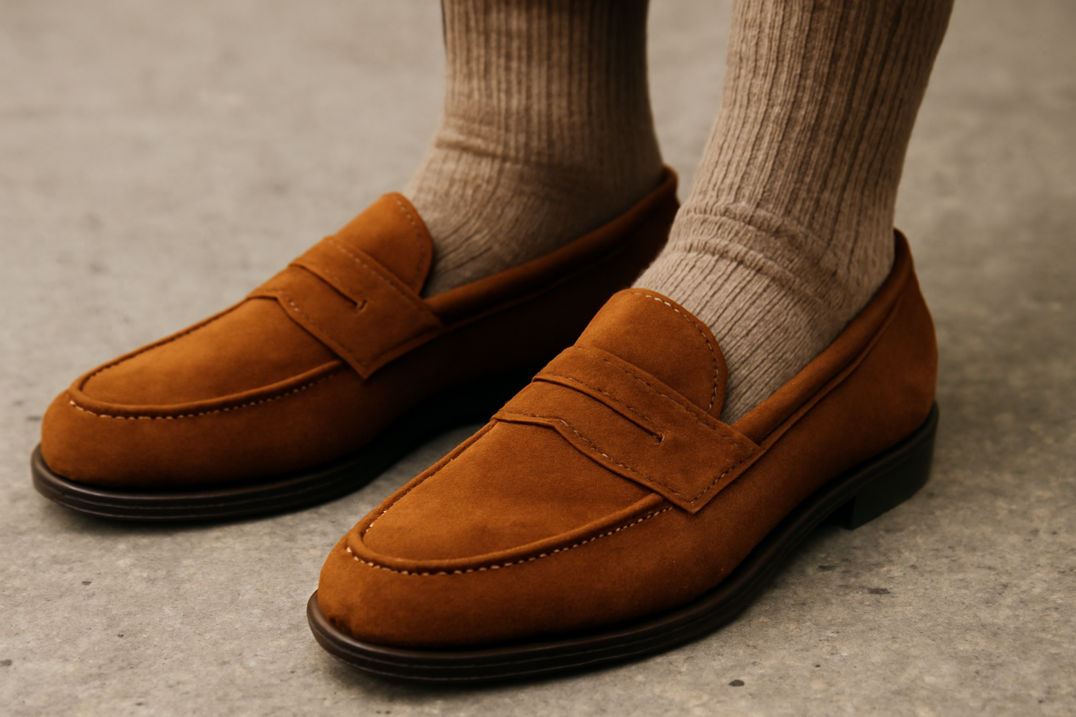 pieds portant mocassins et chaussettes discrètes assorties