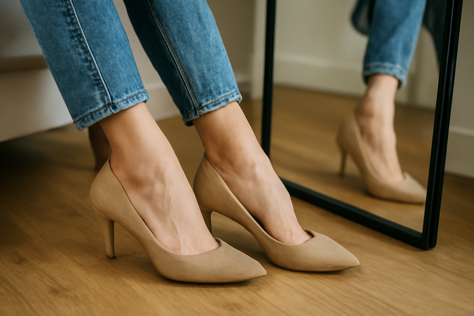 magasindemode-chaussures-allonger-silhouette personne chaussant des escarpins près d'un miroir
