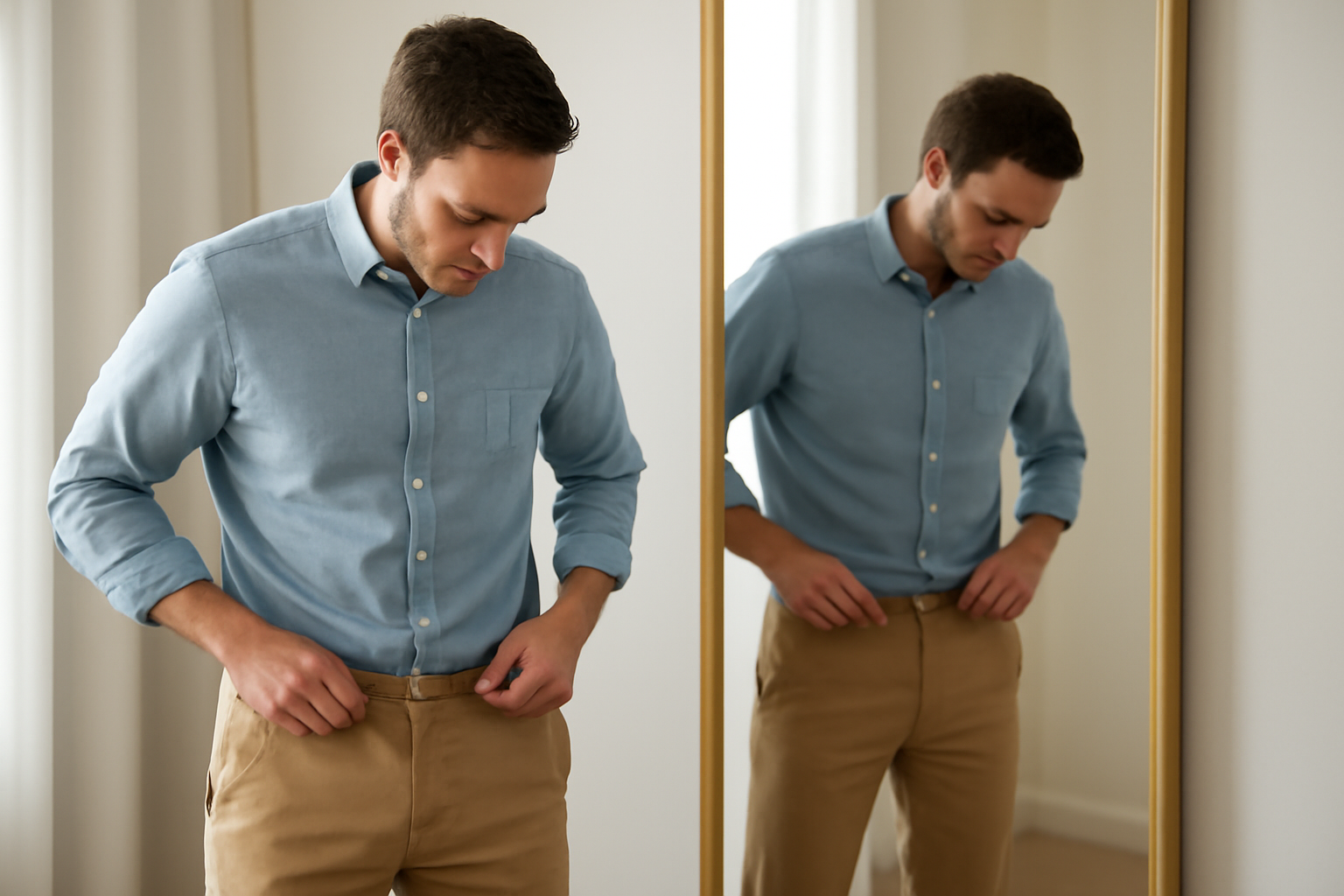 magasindemode-chinos-dockers-bureau-decontracte homme ajustant un chino devant un miroir