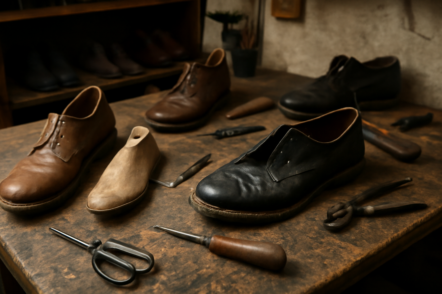 atelier cordonnier avec chaussures en réparation