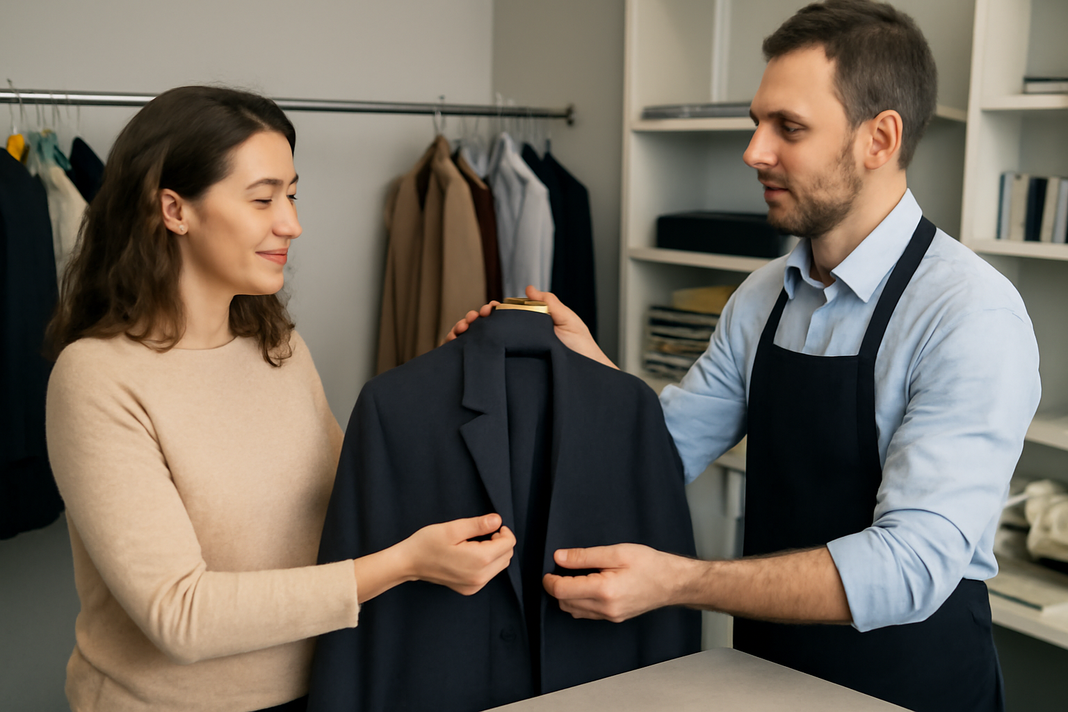 client confiant une veste à un comptoir de retouches