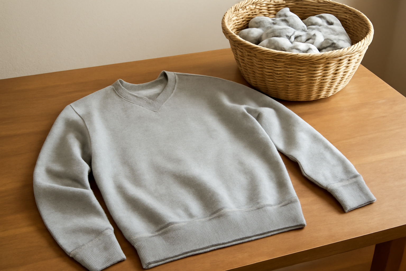 magasindemode-entretien-sweat-champion-maison sweat posé sur table avec panier à linge