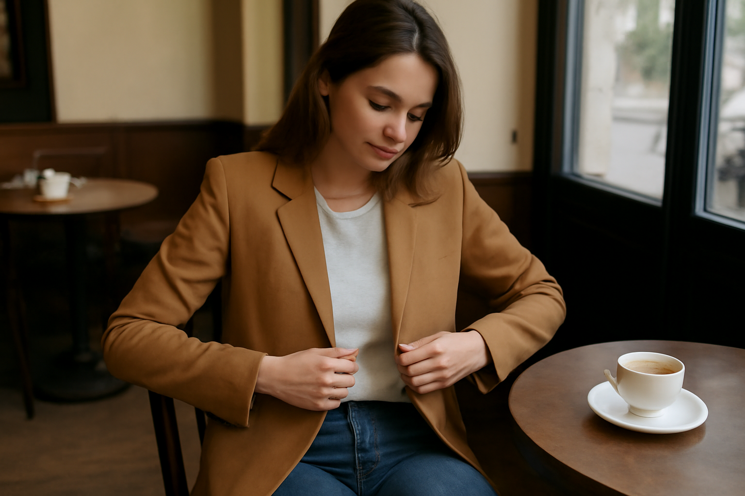 cliente essayant une veste assise en café
