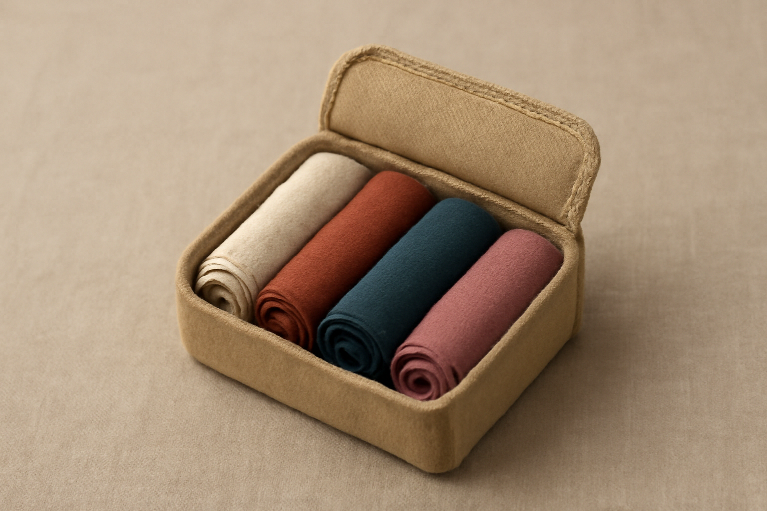 magasindemode-etui-foulards-sans-plis foulards roulés dans un petit étui textile