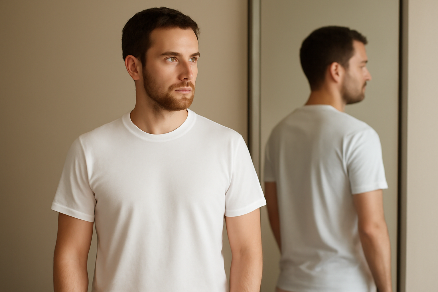 personne portant nouveau t-shirt debout près du miroir