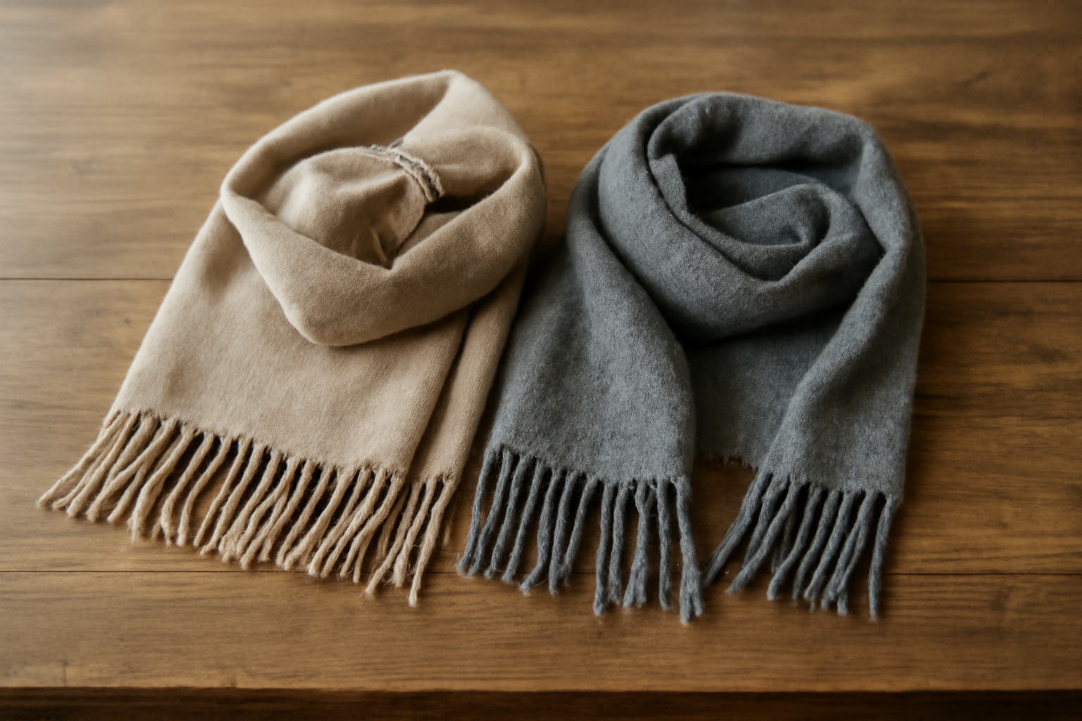 magasindemode-foulard-soie-ou-laine deux foulards posés sur une table en bois