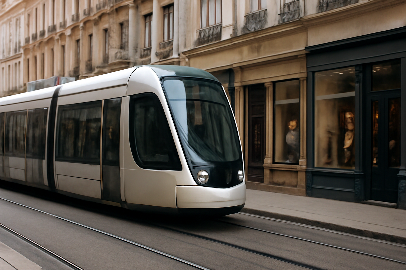 magasindemode-horaires-tram-shopping tramway s'arrêtant près de boutiques en centre-ville