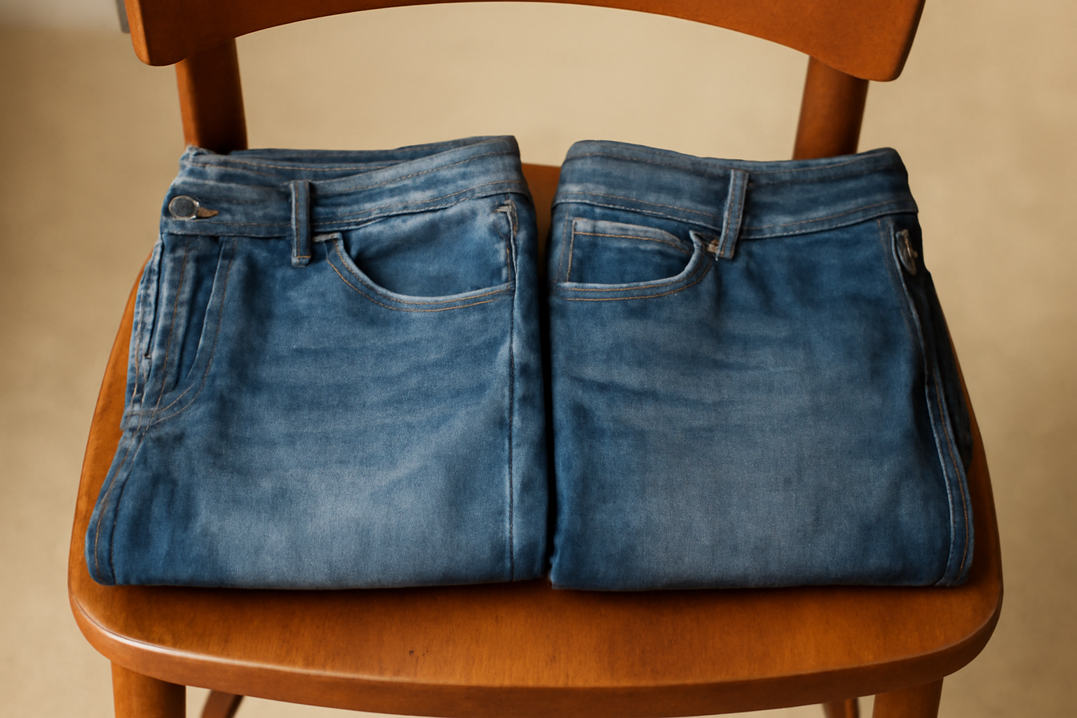 deux jeans posés côte à côte sur chaise