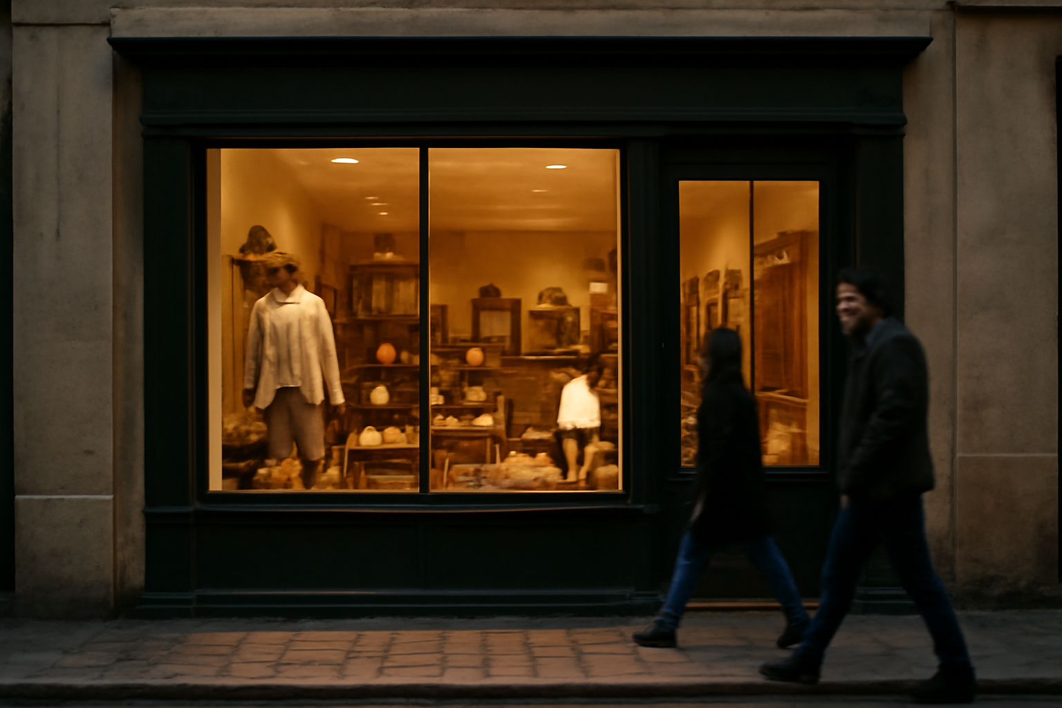 petite boutique avec vitrine éclairée et peu de passants