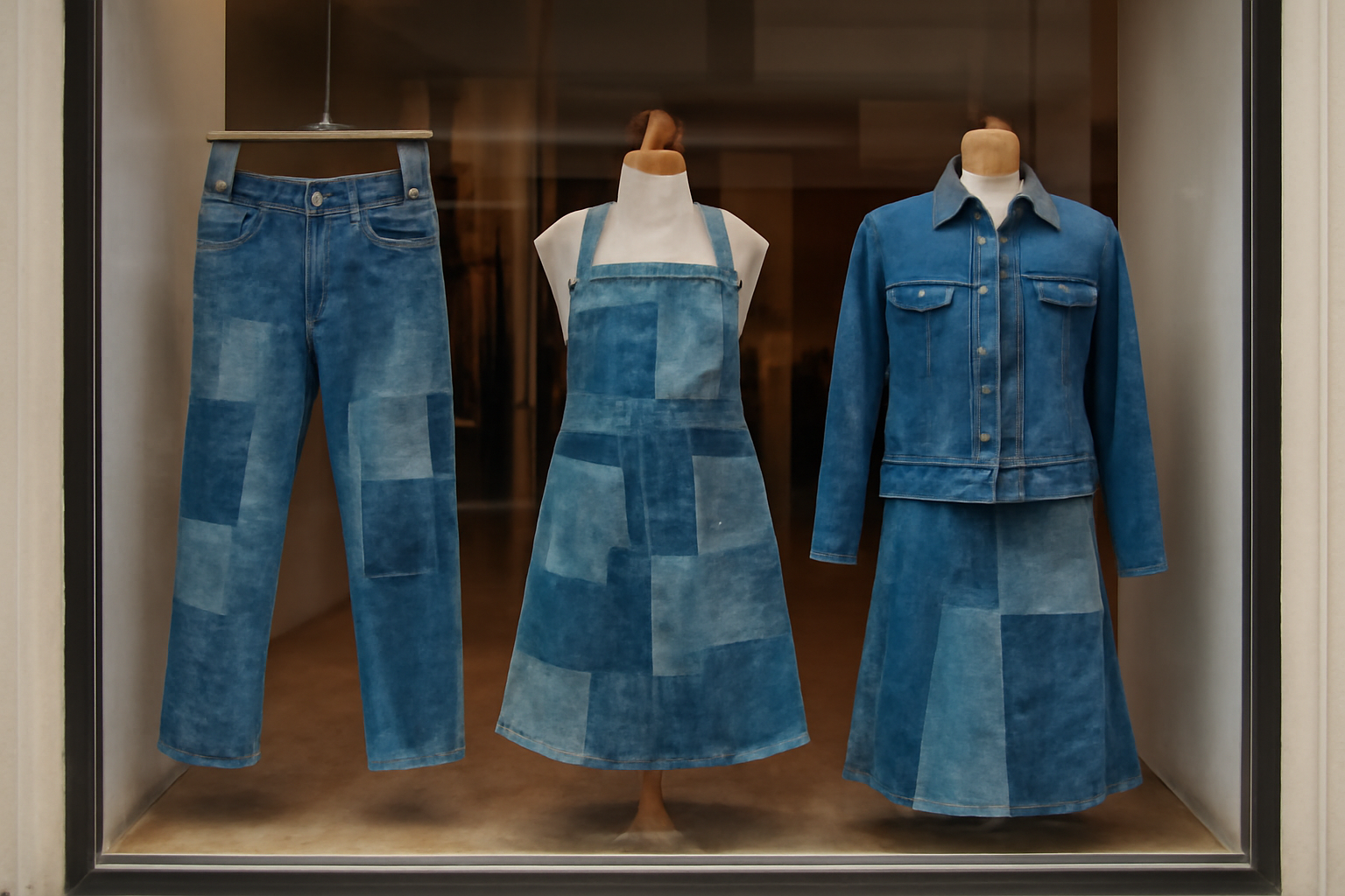 magasindemode-ksenia-seconde-main vitrine avec pièces denim upcyclées