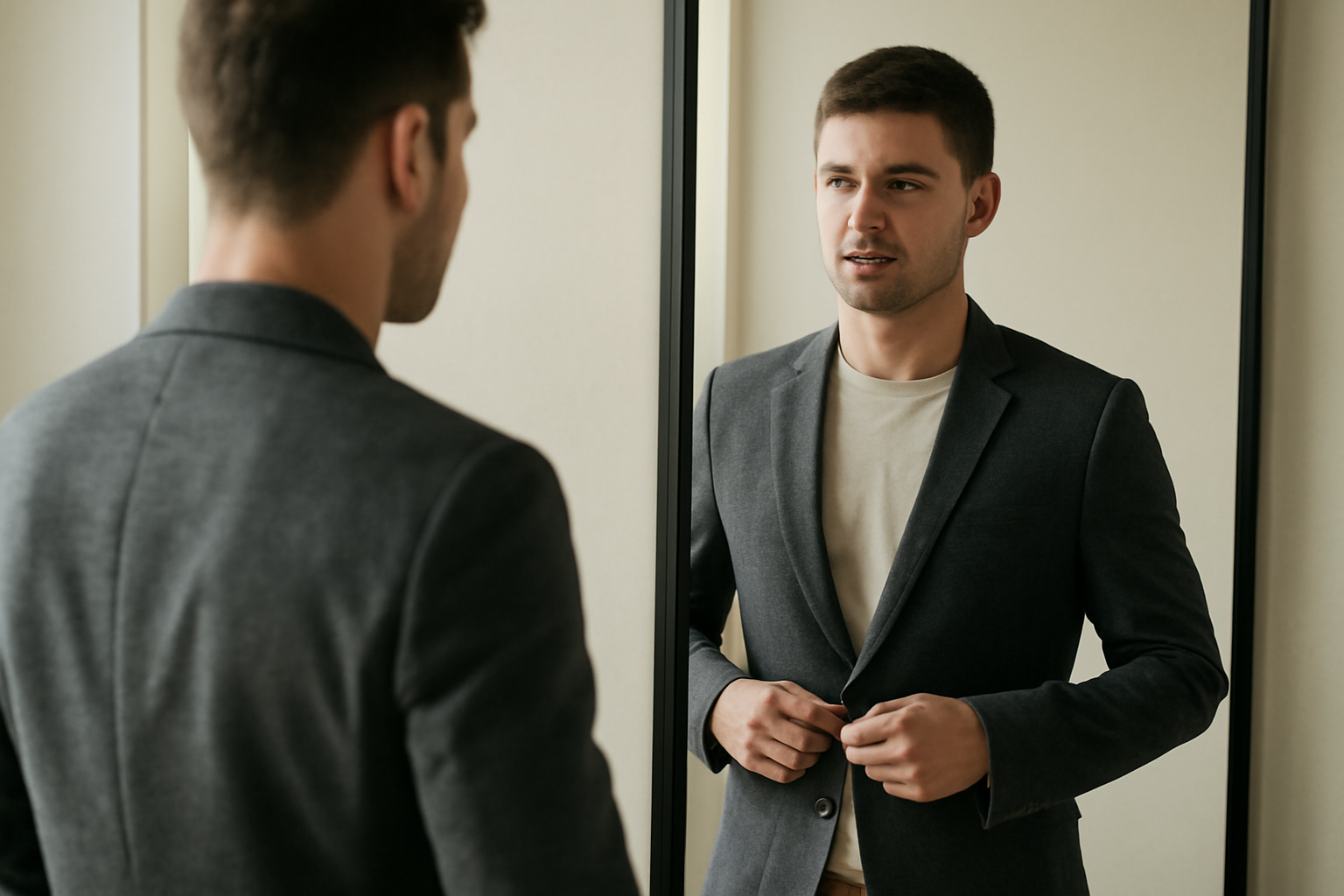 magasindemode-longueur-manche-blazer personne essayant un blazer devant un miroir