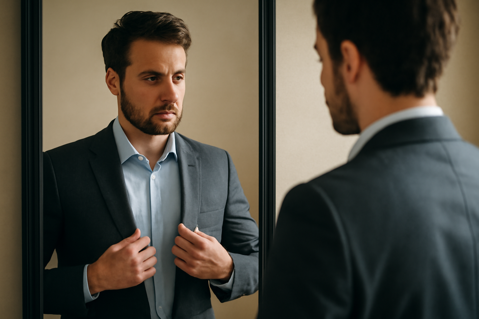 magasindemode-look-rendez-vous-rapide personne ajustant sa veste devant un miroir