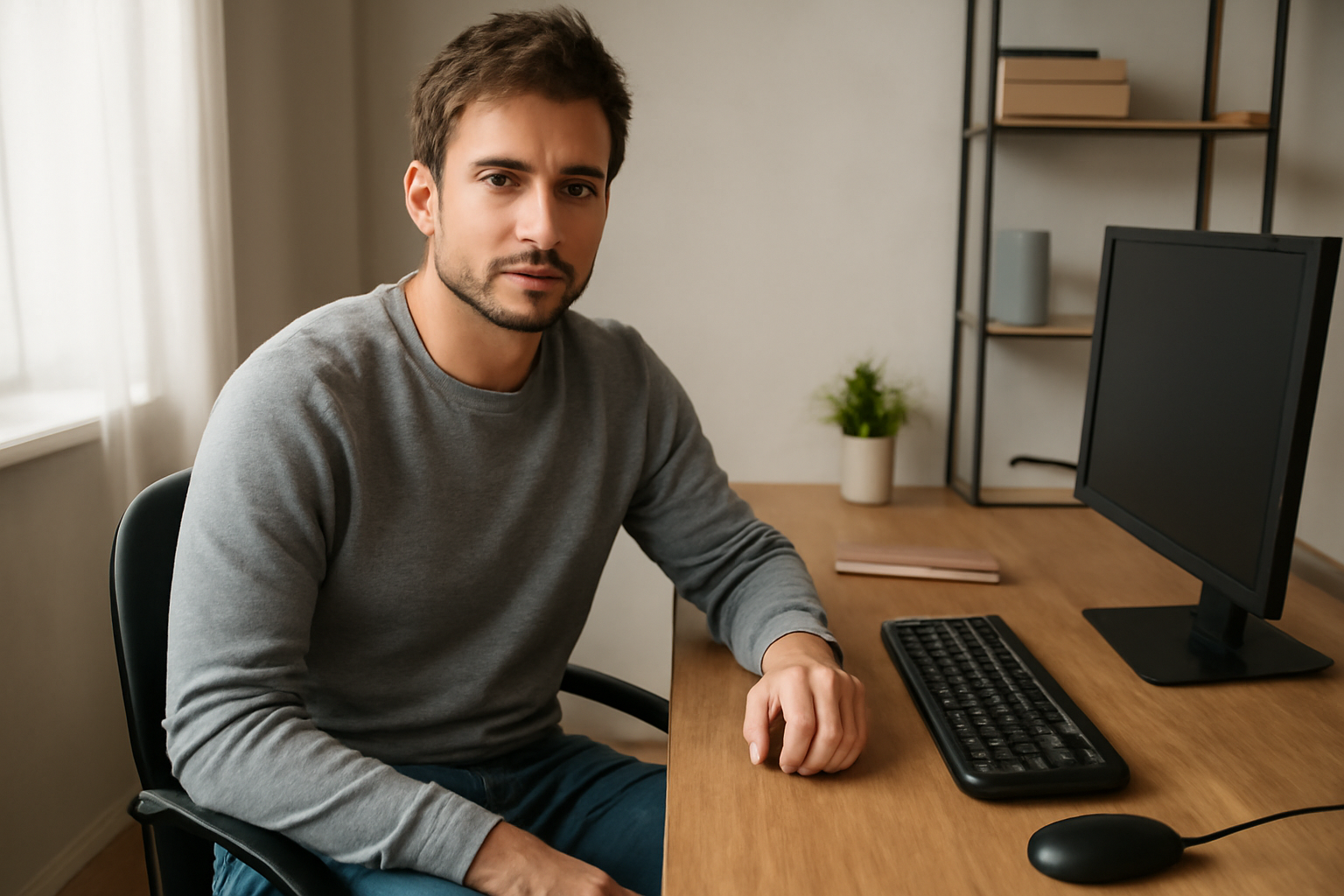 magasindemode-look-teletravail-confort personne assise à un bureau en tenue décontractée