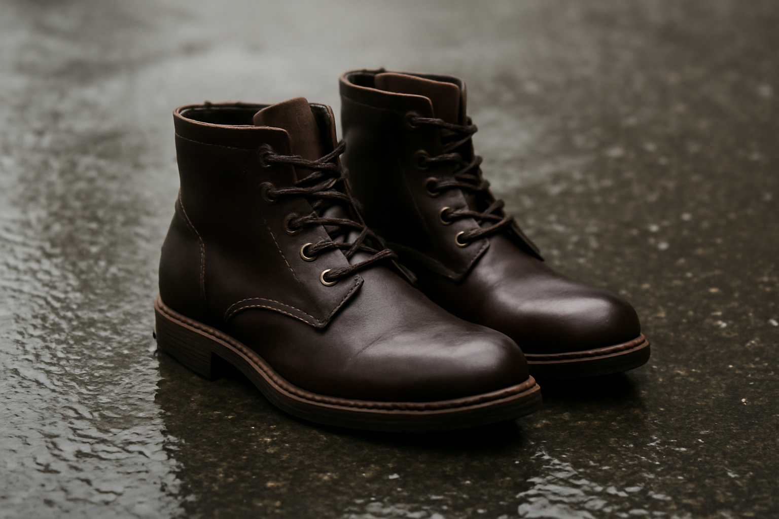 paire de bottines posée sur sol humide