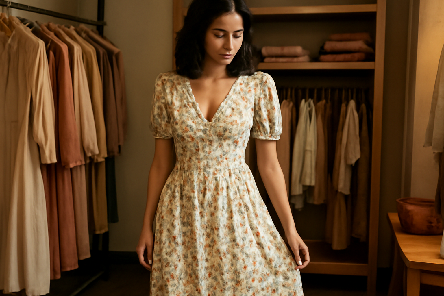 magasindemode-maison-commune-robes-investissement personne portant une robe dans une boutique intimiste