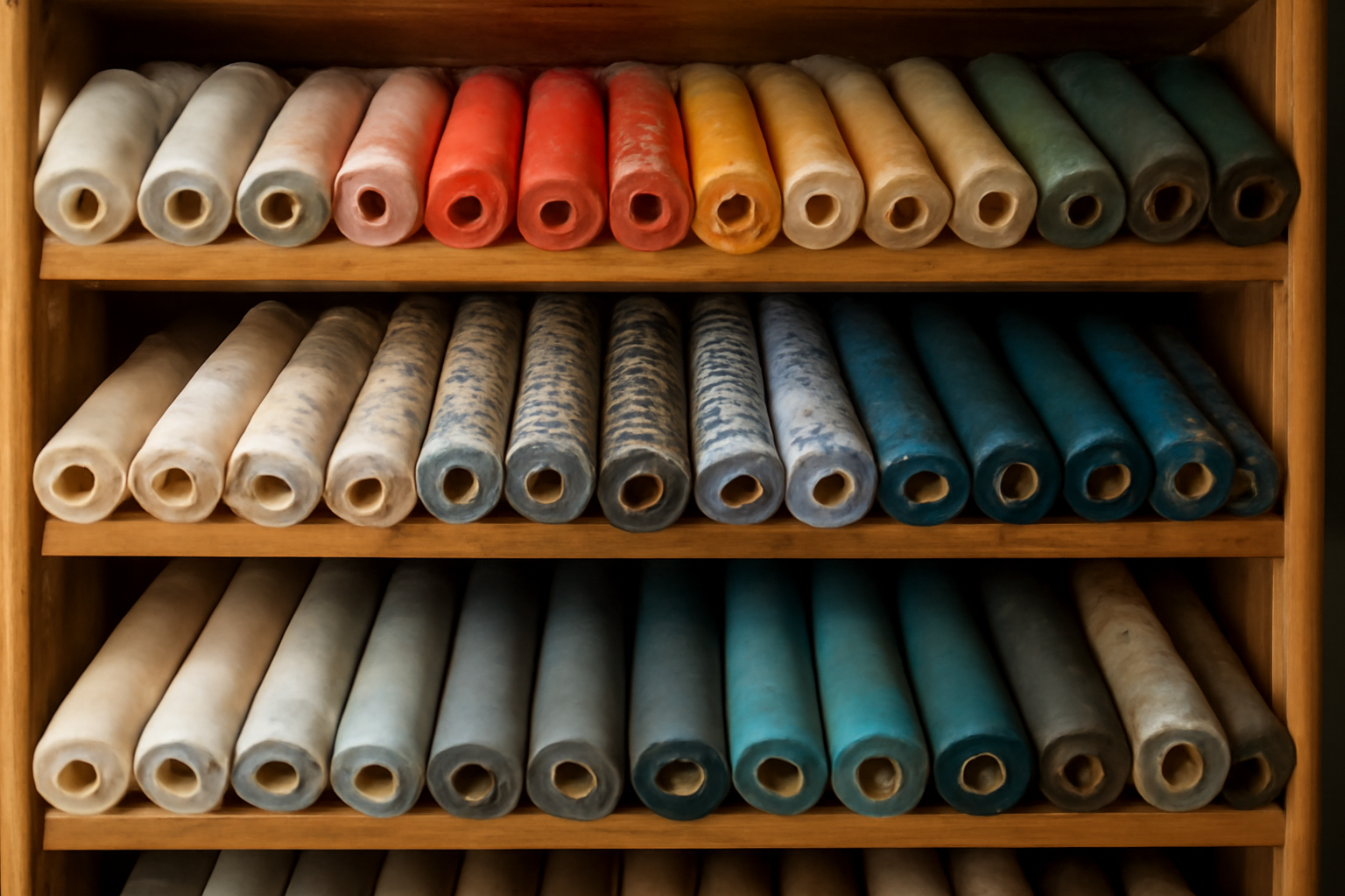 étagères de mercerie avec rouleaux de tissu