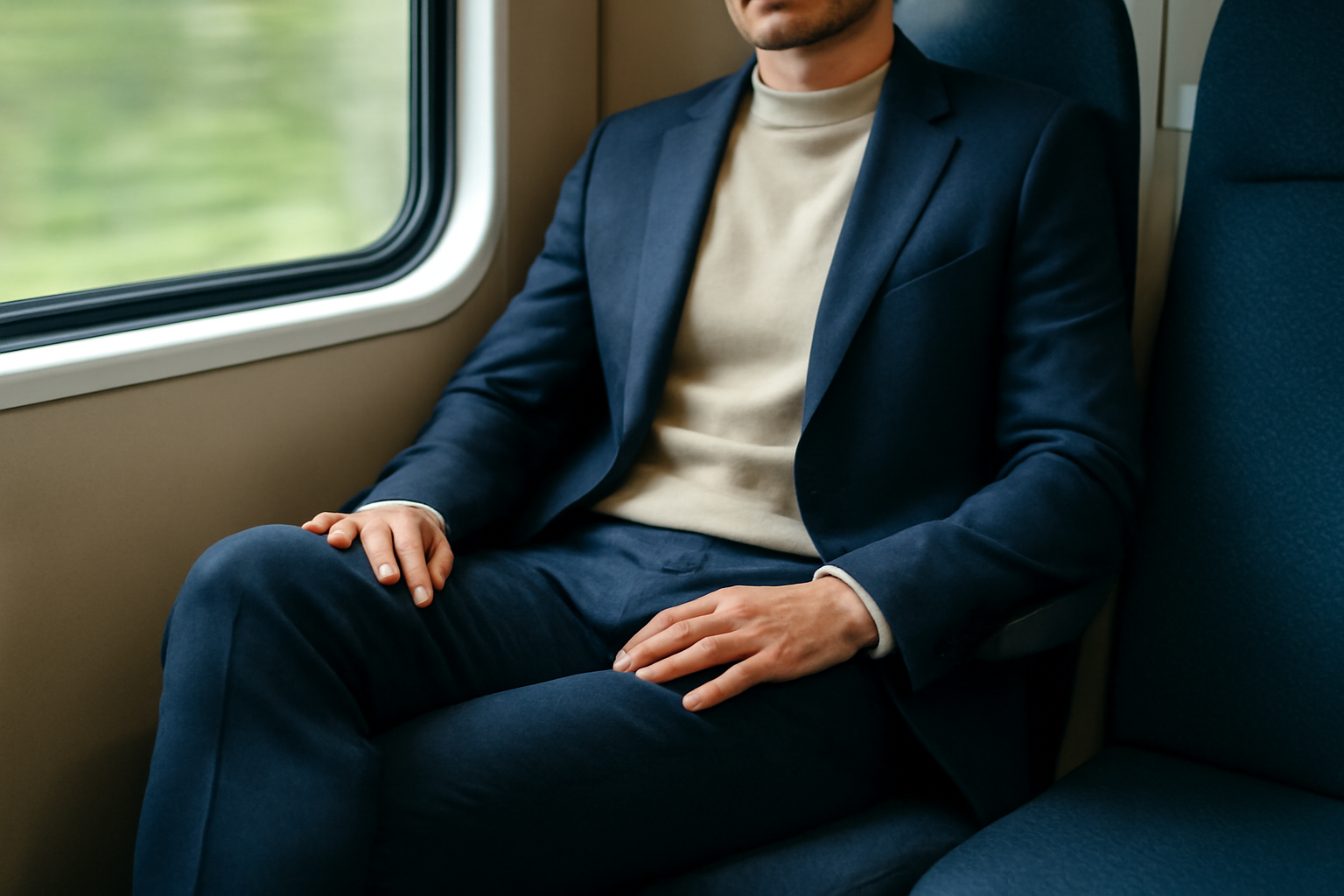 personne assise dans train avec pantalon soigné