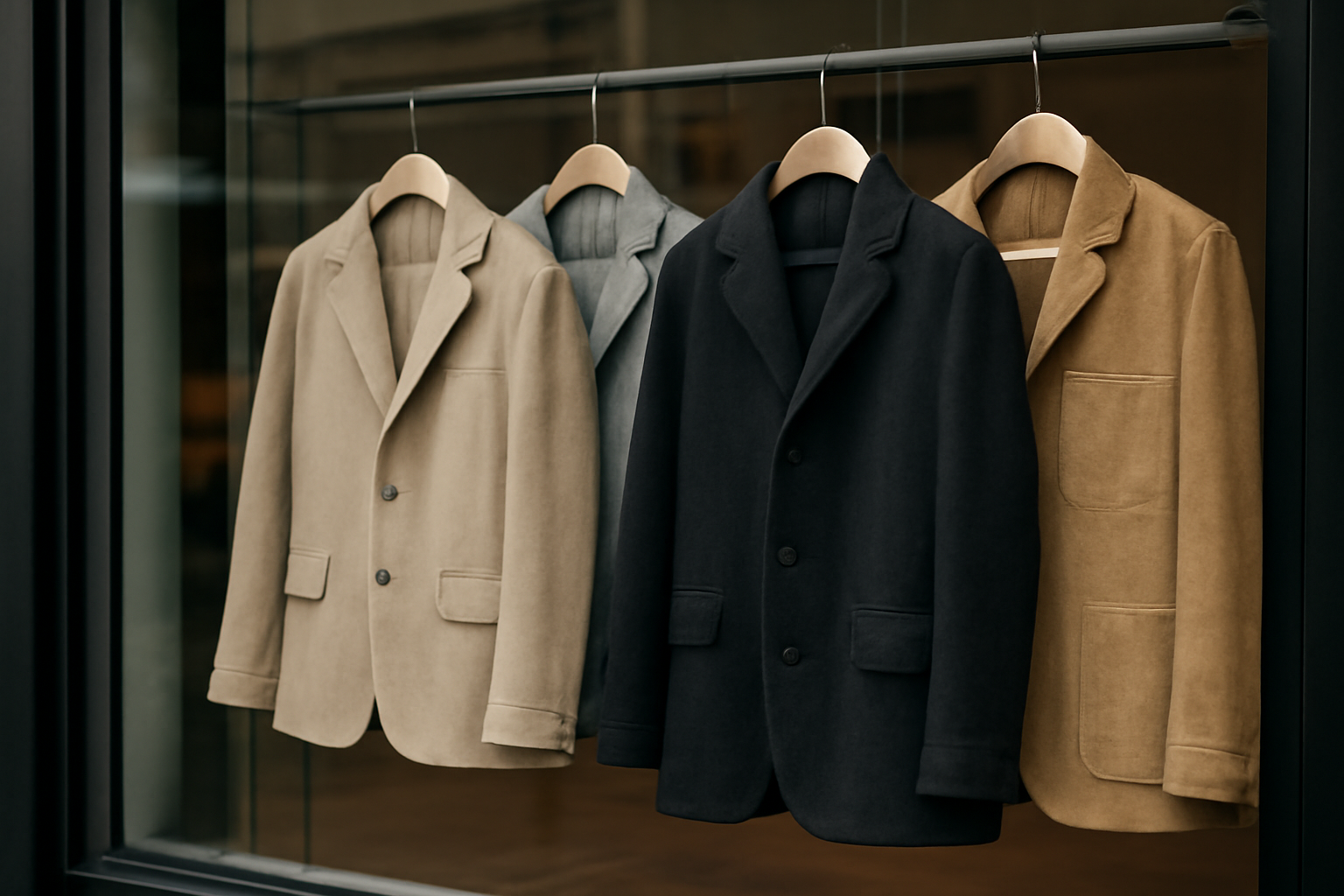 magasindemode-petite-rue-vestes-investissement vitrine d'une boutique affichant vestes sur cintres