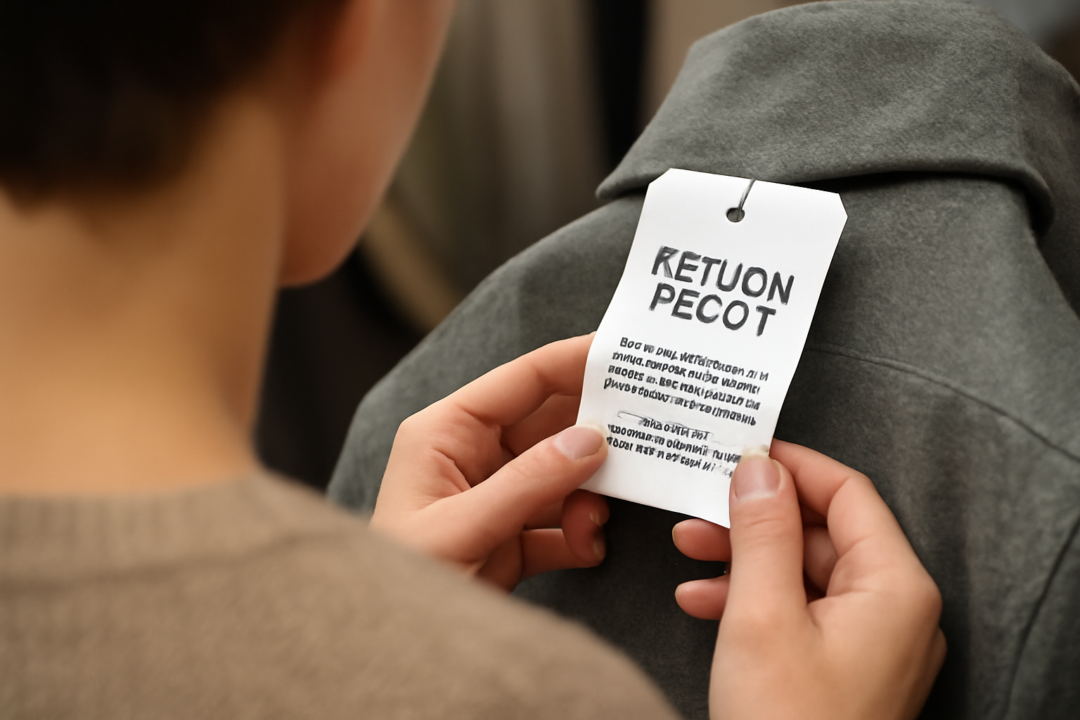 client lisant conditions de retour sur une étiquette
