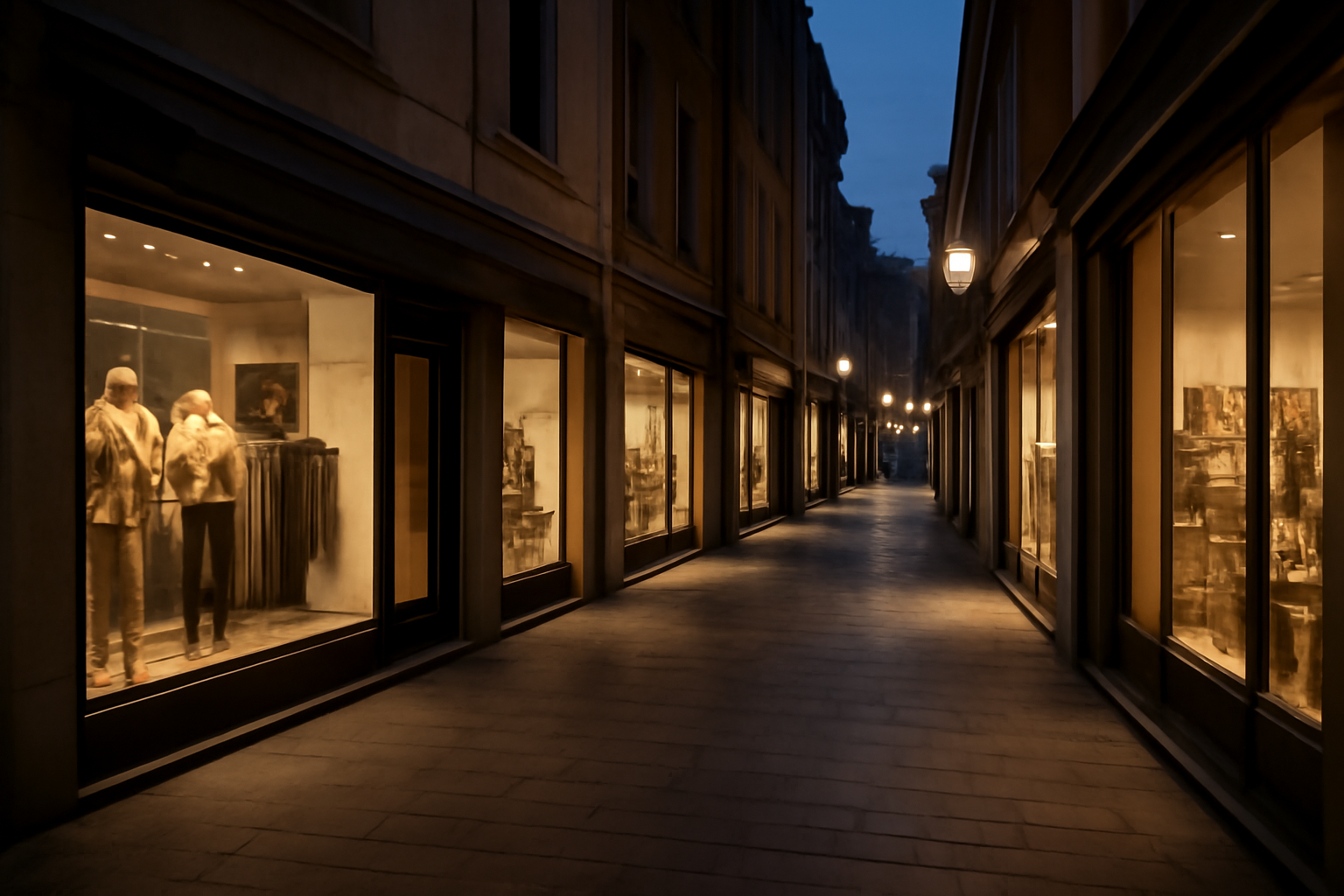 magasindemode-quartiers-shopping-fin-de-journee rues commerçantes éclairées avec vitrines calmes
