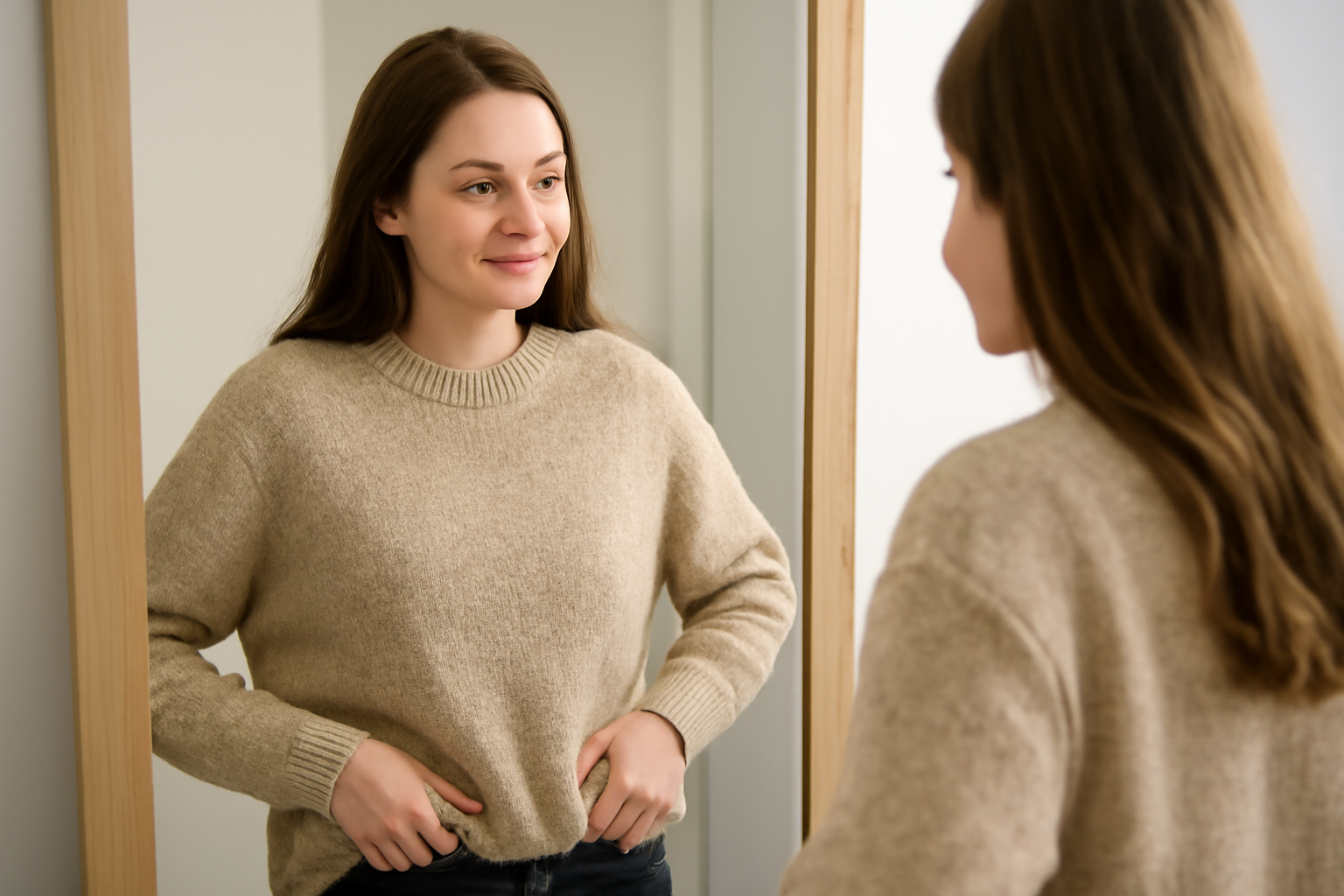 magasindemode-quel-col-pull-pour-visage personne essayant un pull devant miroir