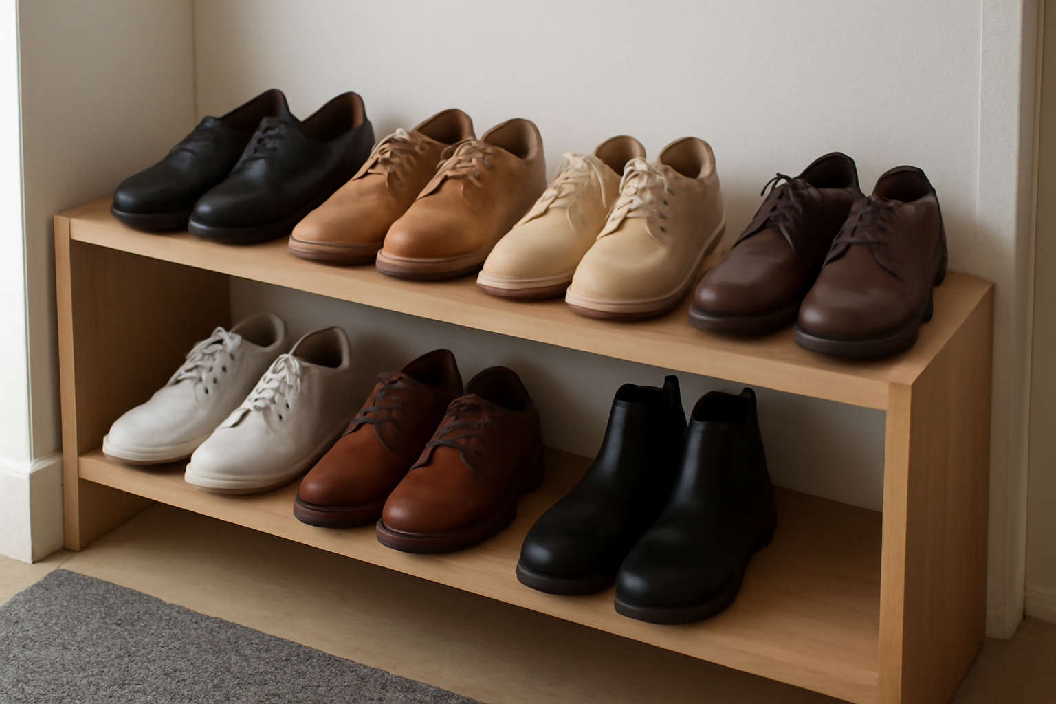 rangée de chaussures organisée sur étagère dans entrée