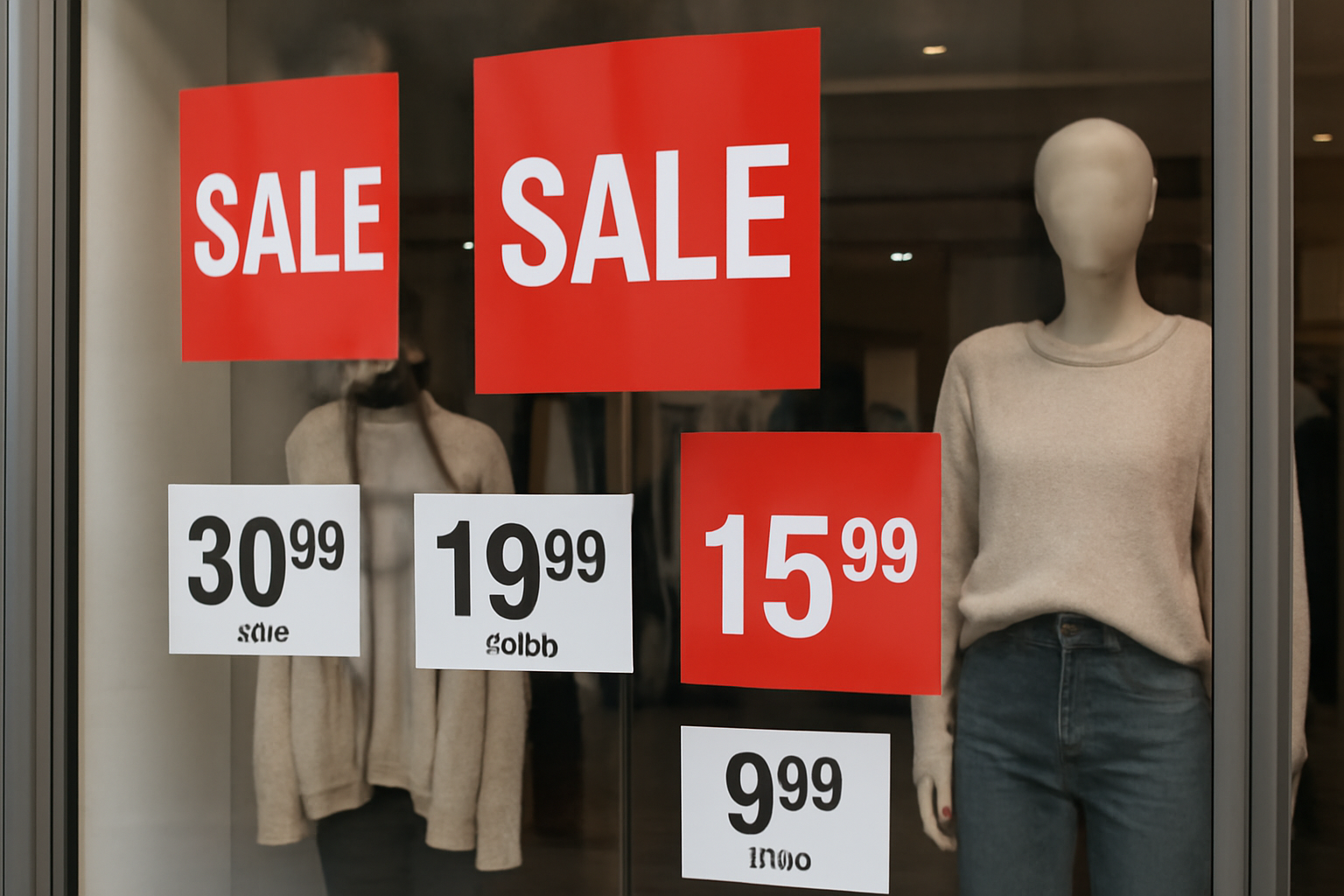 vitrine avec étiquettes soldes et prix