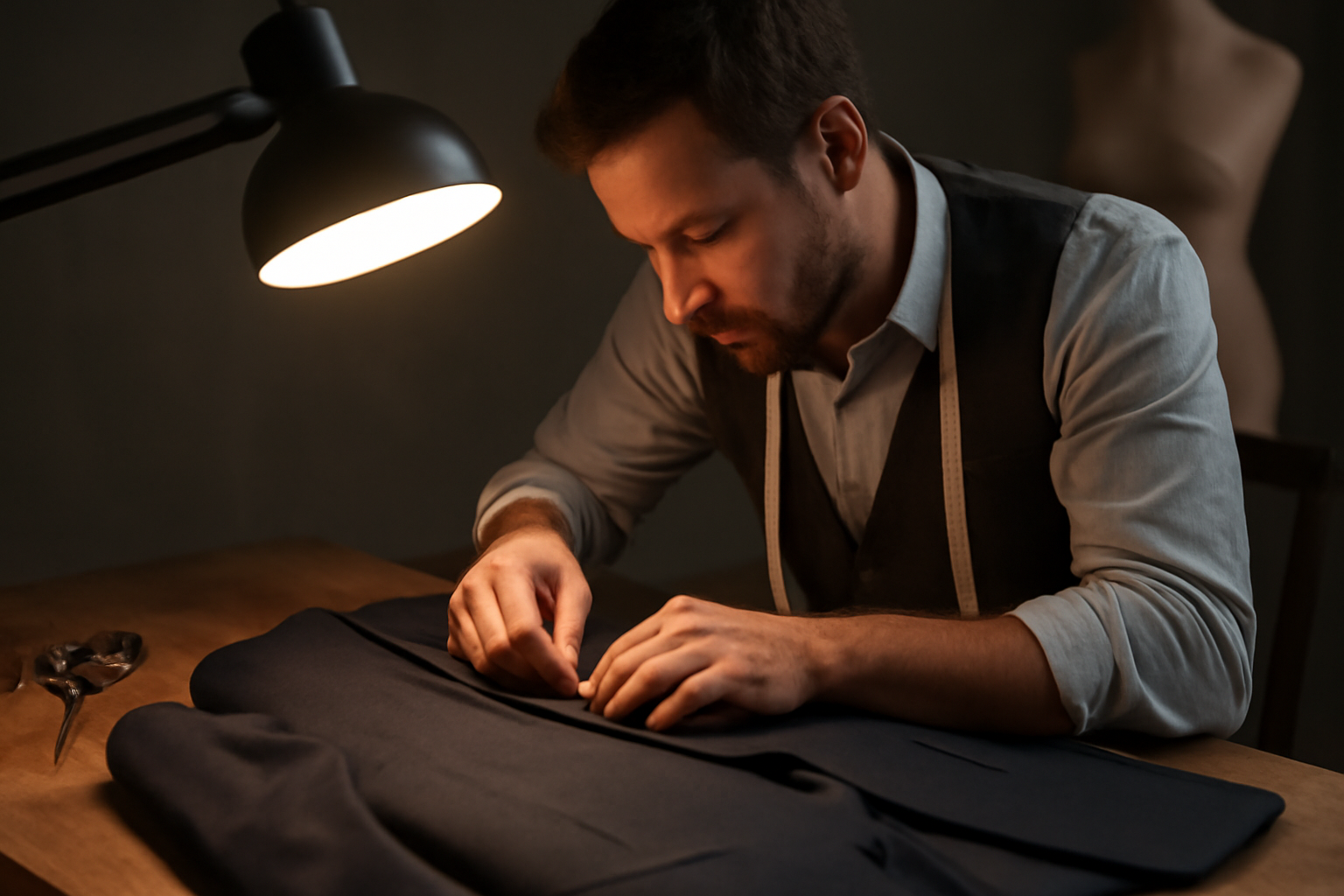 couturier travaillant sur une veste sous une lampe