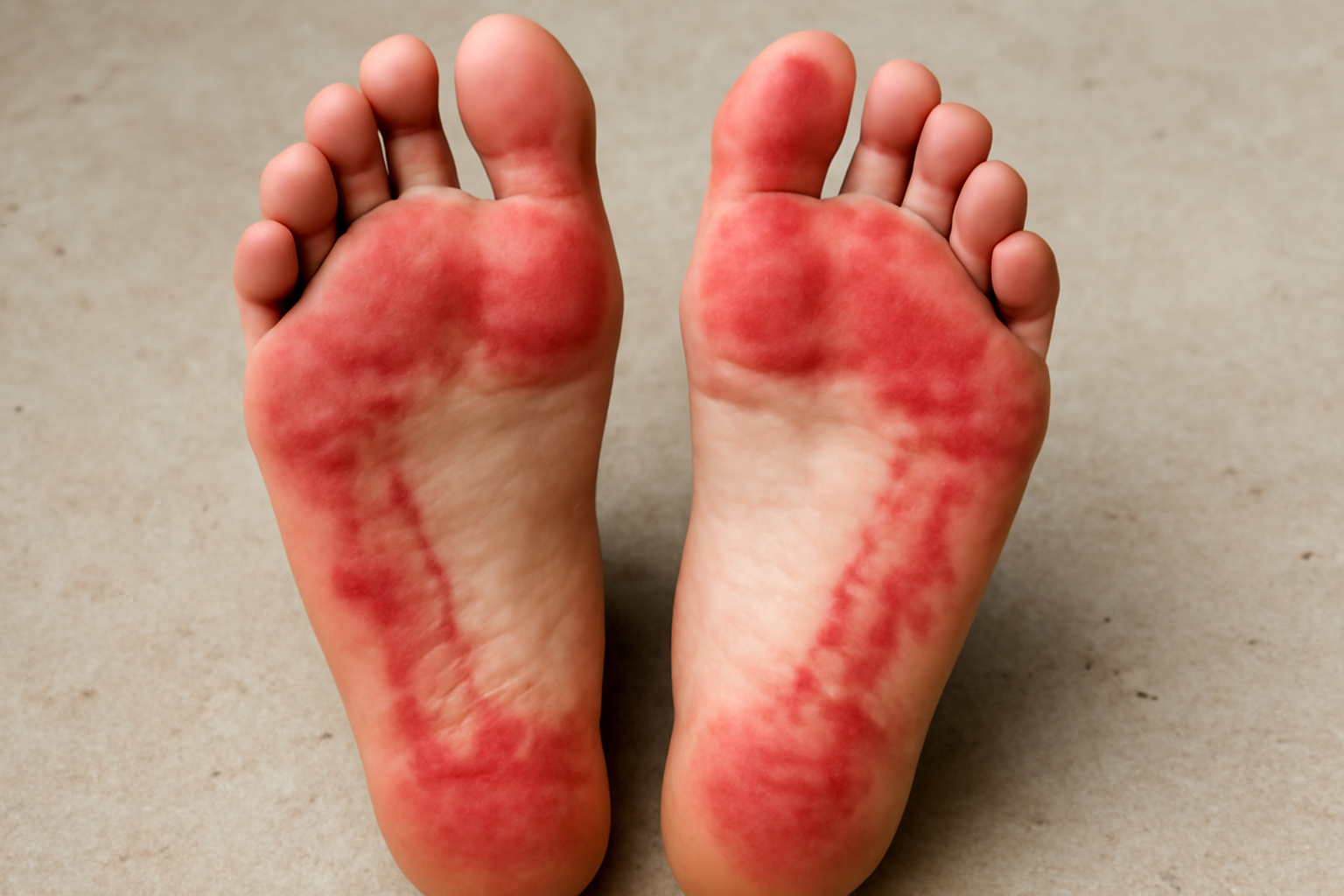 pieds avec traces rouges après port
