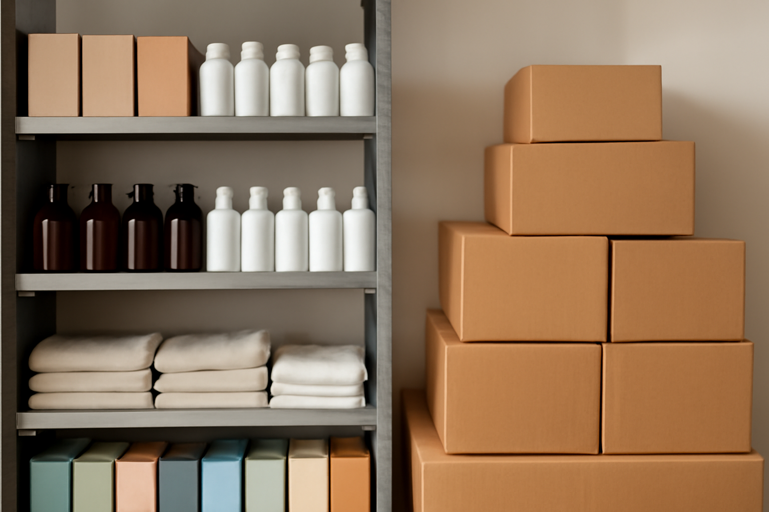 magasindemode-shein-vs-zalando-basiques étagères de boutique et boîtes d'expédition côte à côte