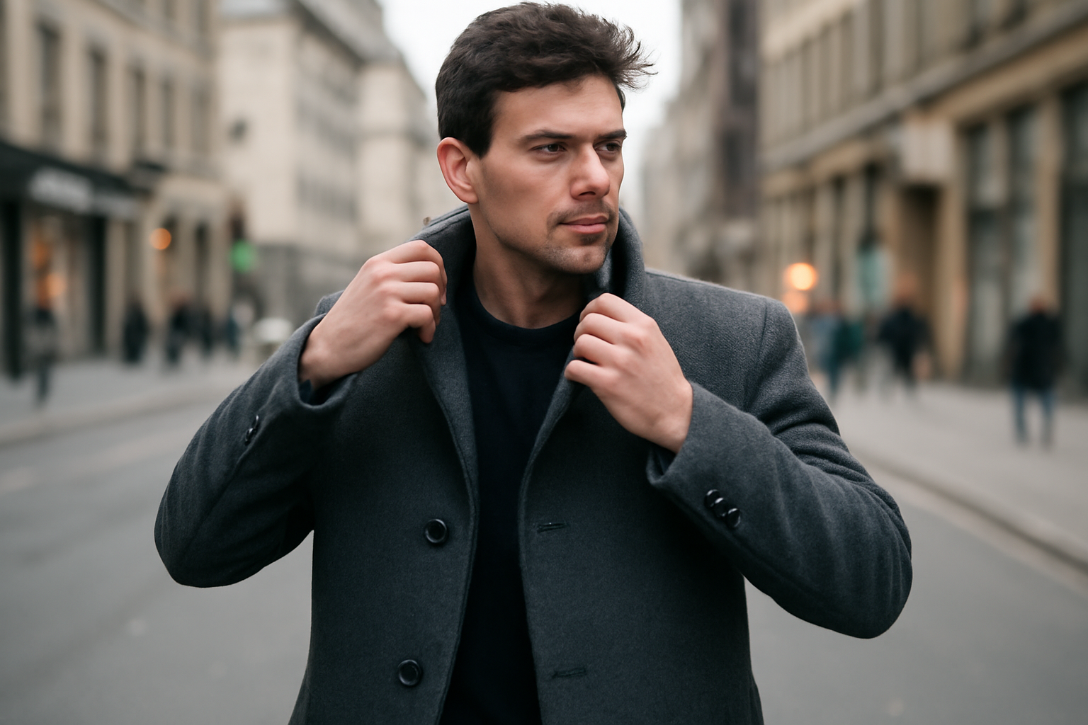 personne ajustant son manteau en ville