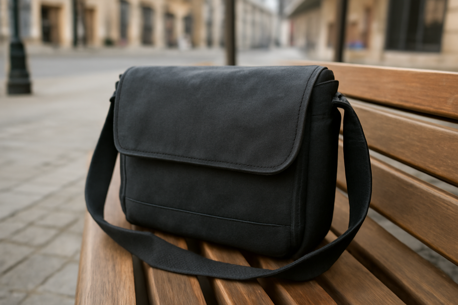 magasindemode-taille-sac-bandouliere-ville sac bandoulière posé sur un banc en ville