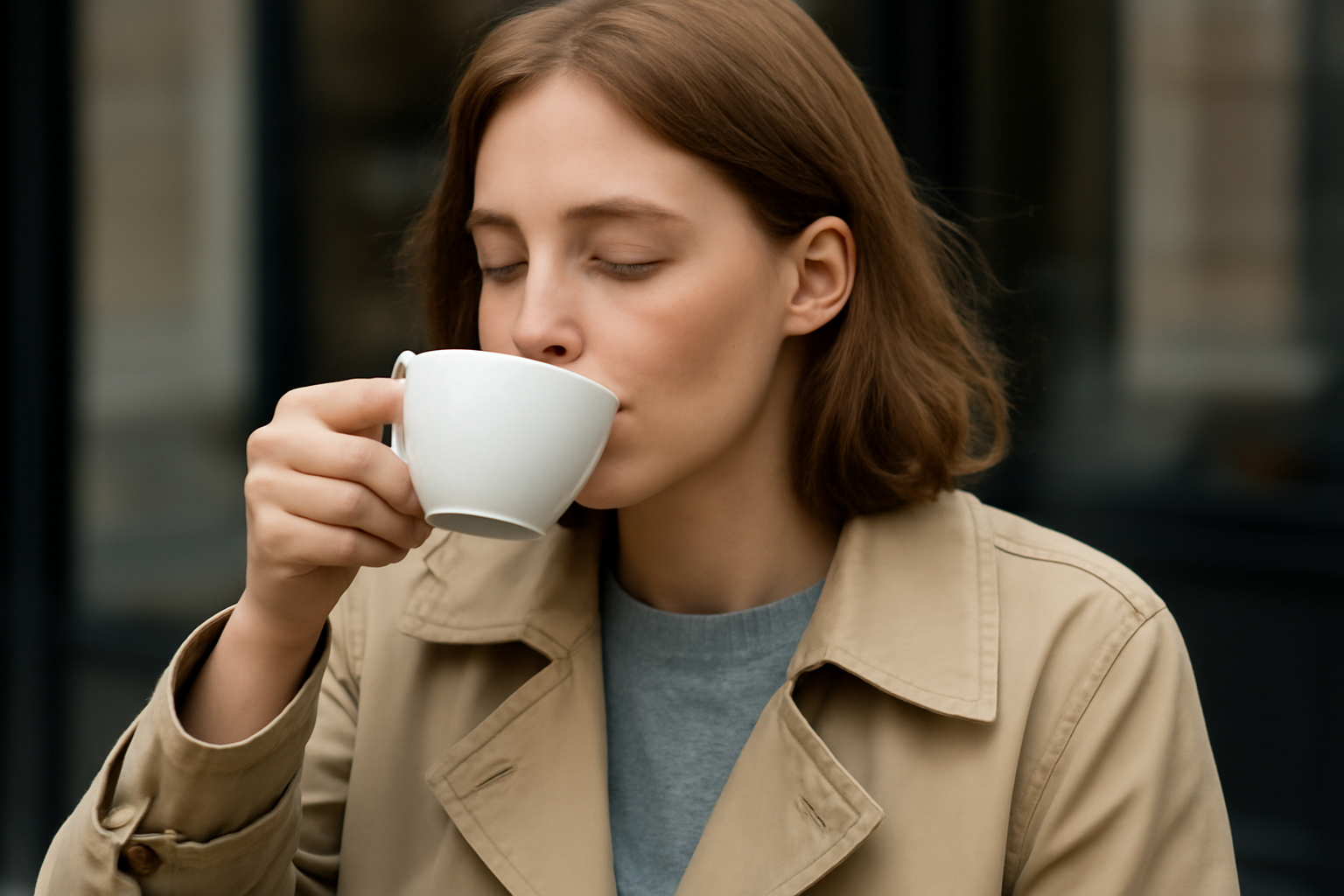 magasindemode-tenue-brunch-automne personne en manteau léger sirotant un café