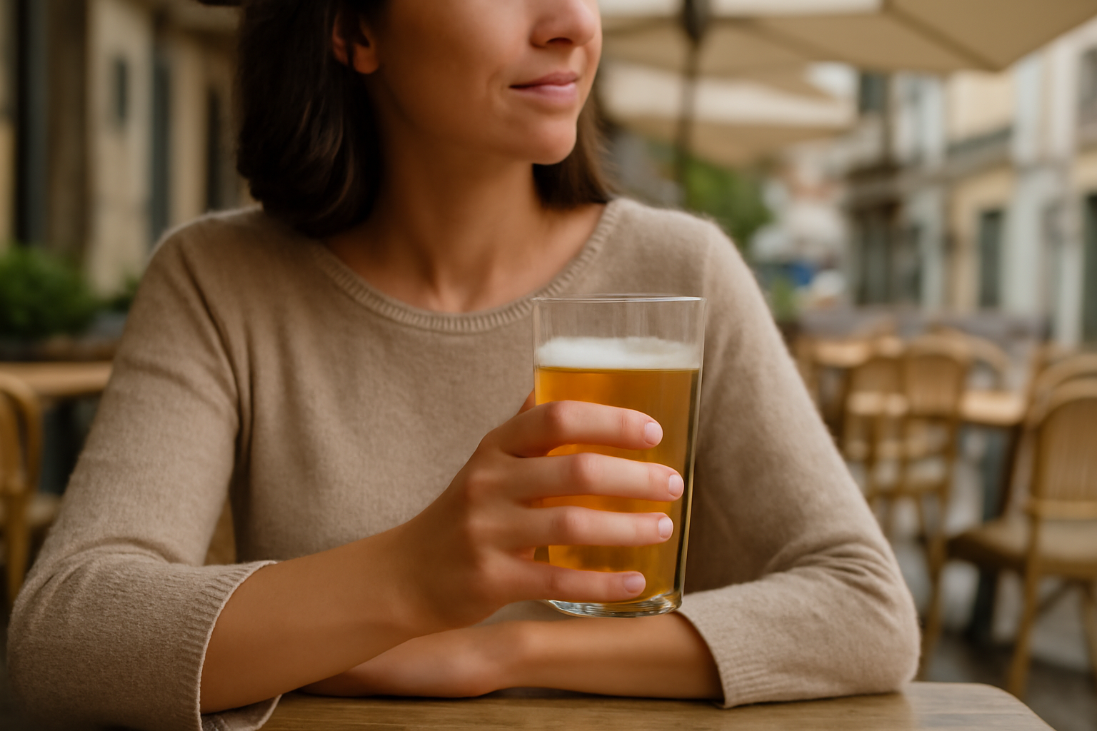 personne tenant une boisson en terrasse