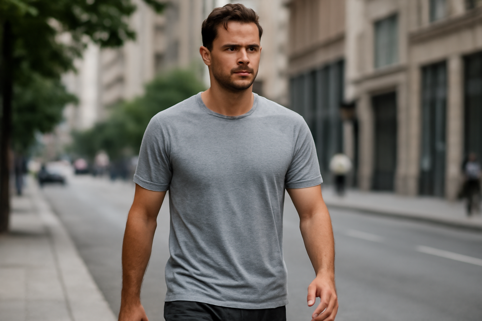 magasindemode-tshirt-technique-marche-ville personne marchant en t-shirt respirant en ville
