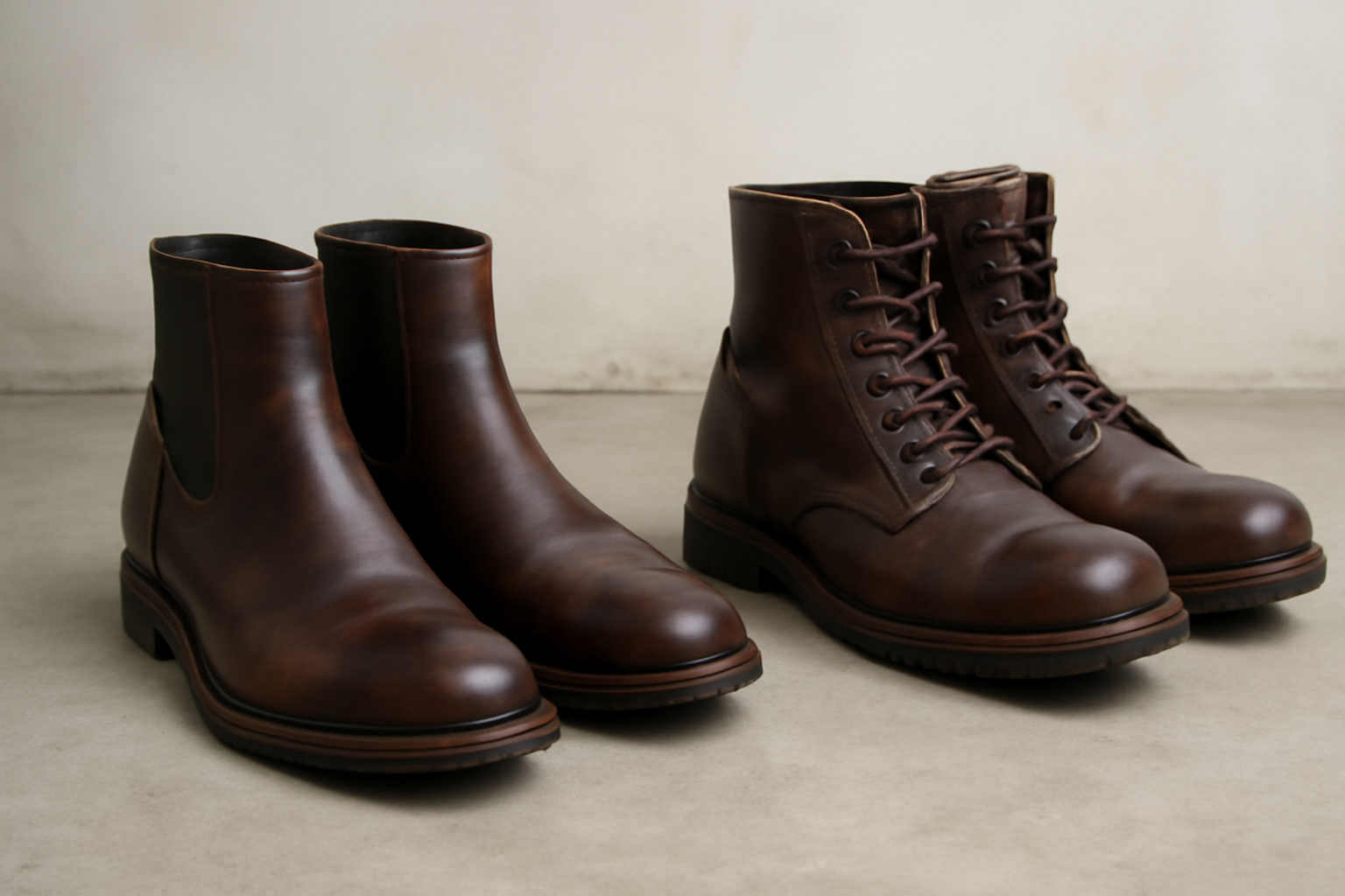 paire de bottines et paire de bottes posées